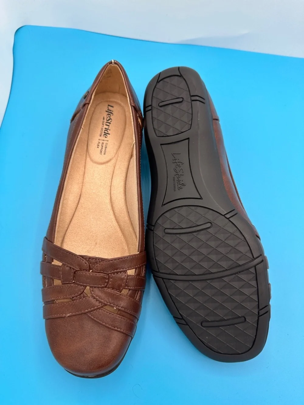 NEW! Life Stride Brown Braided Leather Flats Womens size 9.5 WIDE (new,no box)